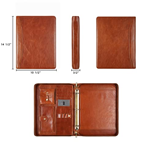 DUKE&COW Leather Portfolio with 3 Ring Binder, Personalized Leather Binder Padfolio Executive Folio Zippered, Engraved Leather Folder Portfolio Organizer, Custom Gift for Men Women （Brown, Custom）
