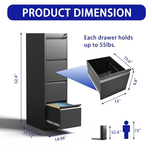 CNJHGL2 Metal Vertical File Cabinet with Lock, 4 Drawer Filing Cabinet for Home Office/Letter/A4, Lockable Storage Cabinets, Office Cabinet with Drawers, Assembly Required, Black