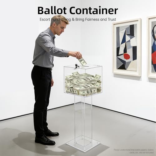 Floor Standing Acrylic Ballot Box, Lockable Storage Containe with Stand, 12 X 12 Inch Clear Suggestion Box with Lock & Two Keys for Election Voting Contest
