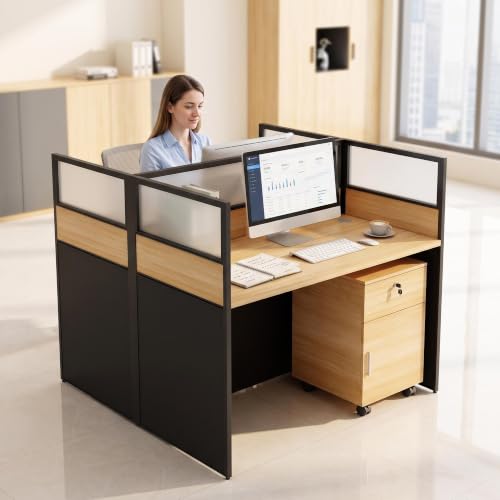 2 Person Office Cubicle Desk with Privacy Panels Cubicle Workstation, Oak