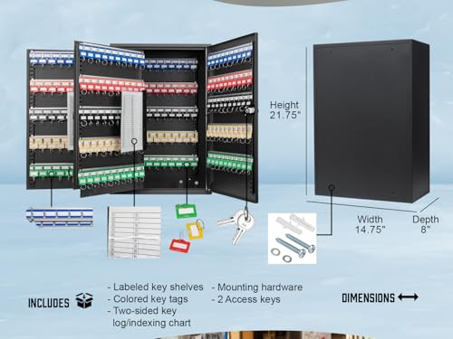 Barska 300 Position Key Lock Box – Wall Mount Key Cabinet with Numbered Hooks, Key Log Sheet, Colored Key Tags, Labeled Shelves, Solid Steel Construction – Secure Key Organizer Cabinet Key Box