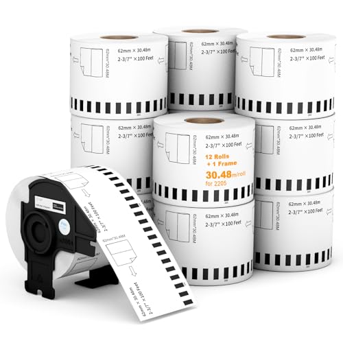 (12 Rolls + 1 Frame,30.48m Per Roll 3-Proof) Labelebal Dk 2-3/7" x 100' Direct Thermal Continuous Length Labels Replacement for DK-2205 Shipping Mailing Postage Compatible for Brother QL Printer