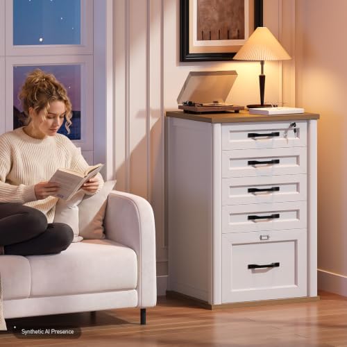 RALGEND Farmhouse 5 Drawer File Cabinet Set of 2, Wooden Filing Cabinet