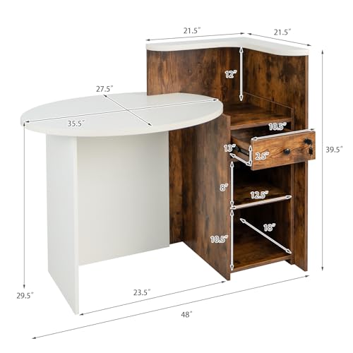 SILKYDRY Reception Desk, Small Retail Checkout Counter with Lockable Drawer and Open Shelves, Wooden Front Desk Reception Counter, Oval Desktop & L Counter for Store Office Lobby Salon (Brown)