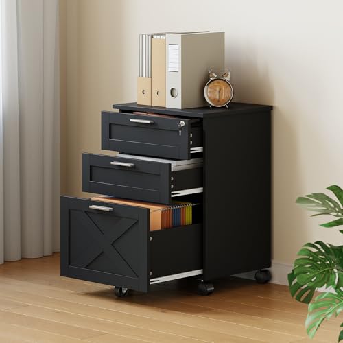 FinerFurnis Secure 3-Drawer Wood File Cabinet with Lock, Mobile Under Desk Filing Cabinet, Rolling Printer Stand for Letter/Legal/A4, Black