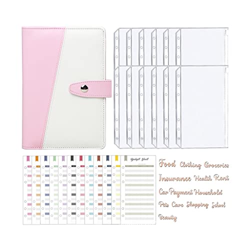 A6 PU Leather Binder Budget Planner Cash Envelope System with 12 PCS Pockets, 12PCS Expense Budger Sheets(C)