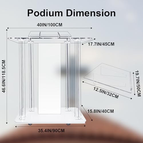 Vakiorn Church Pulpit with Led Lights, 46” Acrylic Pulpits for Churches, Transparent Podium Stand with Wheels& Spacious Reading Platform, Clear Lectern for Speech (39.4”L*15.7”W *44”H)