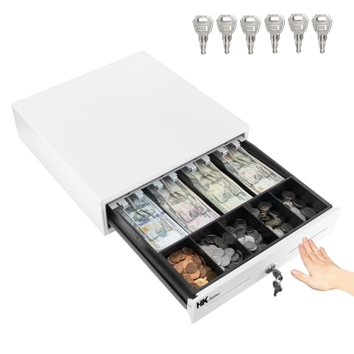 HK SYSTEMS 13inch Heavy Duty Manual Push-Open Cash Drawer with 4Bill/5Coin, Removable Till, Two Medial Slots, White