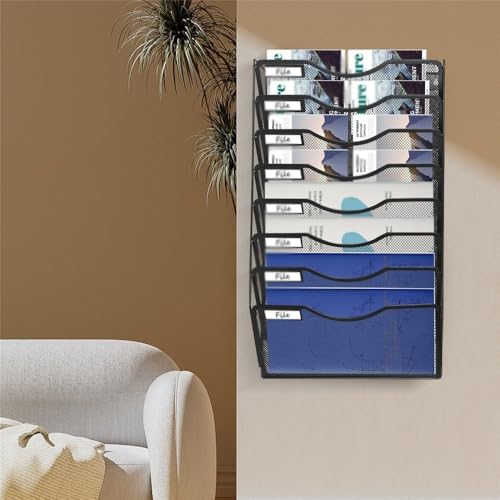 File Organizer 8 Tier Magazine Storage Rack, Wall Pocket File Holder, Mail Organiser Desk