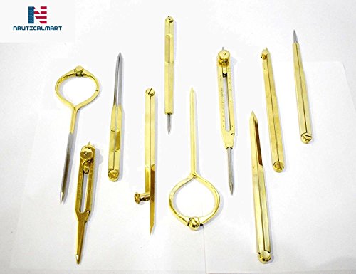 NauticalMart Set of 10 Brass Drafting Tools Scientific Instruments, Dividers, Measuring Tools