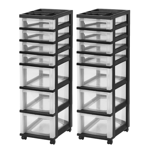 IRIS USA 7-Drawer Rolling Storage Cart with Wheels, 2-Pack, Black/Clear