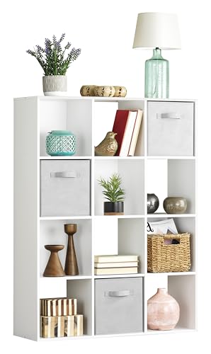 Whitmor 12 Cube Bookcase, 4 Tier Stackable MDF Bookself, Open Storage Display Organizer, Storage Cabinet for Living Room, Bedroom, Home, Office, 35.1" L x 11.6" W x 47.5" H, White