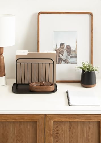 Kate and Laurel Koni Modern Three-Piece Home Office Organization Set, 13 x 8 x 9, Walnut Brown and Black, Wood and Metal Organizational Set for Office with File Folder Holder
