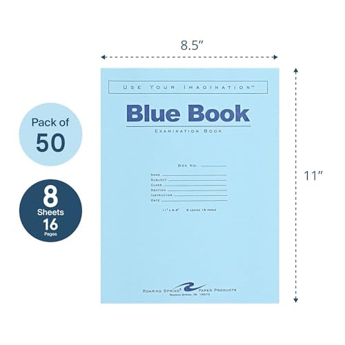 ROARING SPRING Exam Blue Books, 50 School Examination Booklets, 11" x 8.5", 8 Sheets/16 Pages, Wide-Ruled with Margin Student Testbook, Made in USA