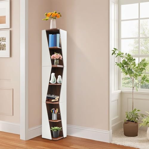 Corner Bookshelf 6-Tier Wall Storage Rack Neutral and Walnut Modern Design