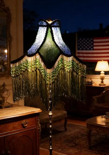 Sofyee Victorian Floor Lamp with Beaded Fringe, Green Fabric Shade, Brass Base, Ornate Vintage Style
