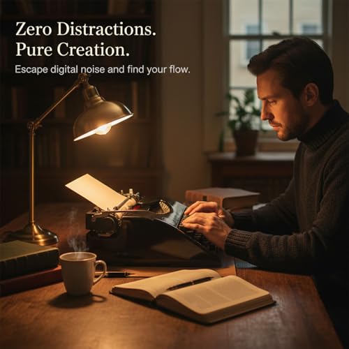 Manual Mechanical Typewriter Machine for Novelists, Vintage Retro Writing Tool with Ribbon Carry Case, Distraction Free Old Fashioned Style Creative Desktop Decor Gift(Black)