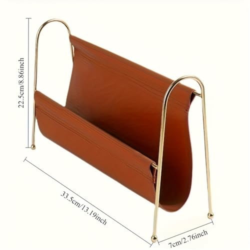 File Organizer Metal Magazine Rack - Faux Leather Desk Organizer with Gold Frame, Compact Storage Desk