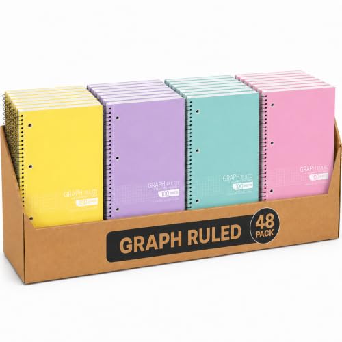 Graph Paper Spiral Notebook - Graph Paper Notebook, Quad Ruled Grid Notebooks, Perforated Pages - 10.5 X 8 Inches - 1 Subject Wirebound Notebook - Assorted Colors - 100 Sheets per Book - (Bulk - 48 Pack)