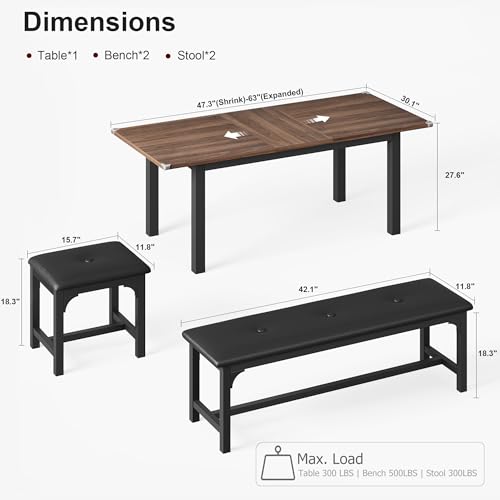 TrailBlaze Space-Saving Extendable Office Desk Set – 5-Piece Modern 63" Table, Upholstered Benches & Stools, Waterproof Mark-Resistant MDF, Metal Frame – Walnut Plate & Black Iron Frame