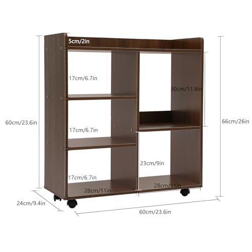 Book Shelf 5 Cube Short Bookshelf Bookcase, File Cabinet Filing Storage Cabinets, Low Shelf Cubbies Book Case with 360° Wheels and Dividers, Cube Organizer Shelf for Home Office (Dark Walnut)