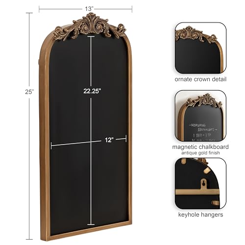 Kate and Laurel Arendahl Decorative Vintage Arch Chalkboard; 13 x 25; Gold; Framed Arched Ornate Magnetic Chalkboard for Unique Display; Decoration; and Organization