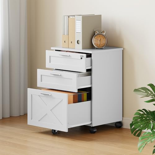 FinerFurnis Secure 3-Drawer Wooden File Cabinet with Lock – Mobile Under Desk Organizer on Wheels, Sturdy Filing Cabinet, Holds Letter/Legal/A4, Rolling Storage – White
