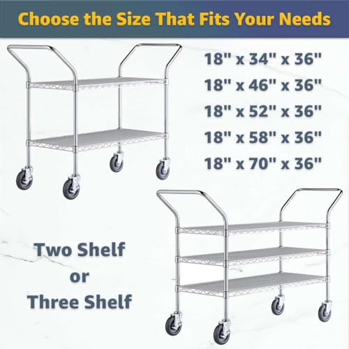 18" x 52" x 36" Commercial Chrome Wire Utility Cart - 2-Shelf NSF Heavy-Duty Rolling Serving Cart with Handles for Restaurant, Hotel, Catering, Healthcare