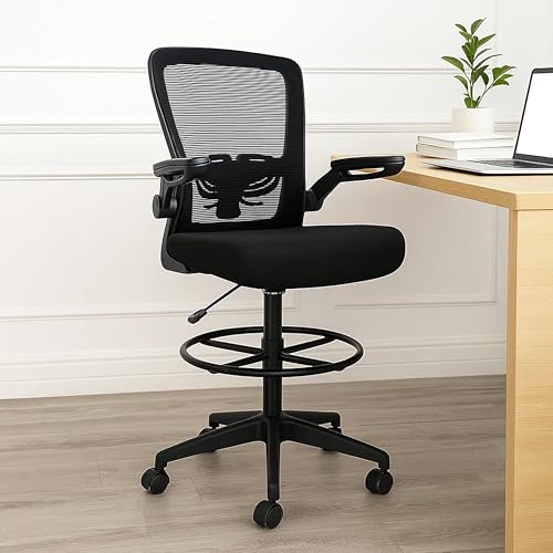 Benzara DEA Drafting Stool Chair, Flip-Up Arms, Black Mesh, Chrome Footring