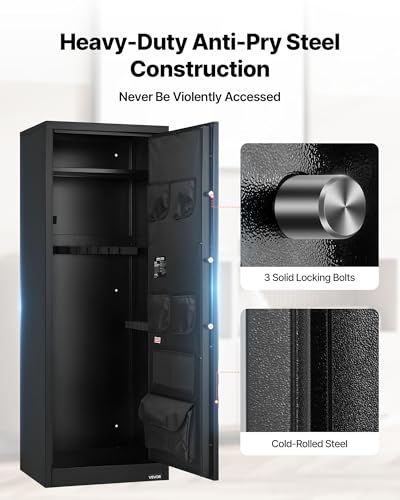 VEVOR 10-12 Gun Safe, Long Gun Cabinet for Rifles and Pistols, Quick Access Rifle Safe with 4 Pistol Pockets and 3 Adjustable Racks, Large Digital Cabinet with Key and Password Lock(Assembly Required)