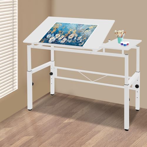 lizponaza Modern Drafting Table Height Adjustable and Tiltable Drawing Desk with Side Panel Large Operating Space Hobby Table for Artists, Architects, Craft Hobby, White