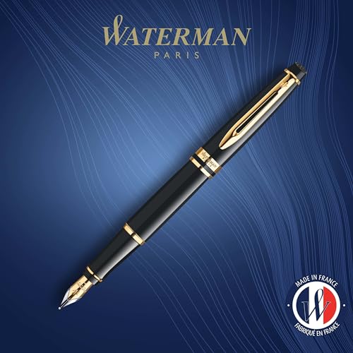 Waterman Expert Fountain Pen, Gloss Black with 23k Gold Trim, Fine Nib, Includes Gift Box - Luxury Writing