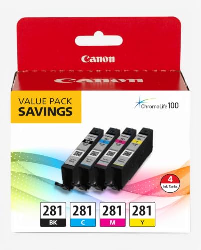 Canon CLI-281 Black, Cyan, Magenta and Yellow 4 Ink Pack, Compatible to TR8520, TR8620 Series, TS9120, and TS6210 Printers