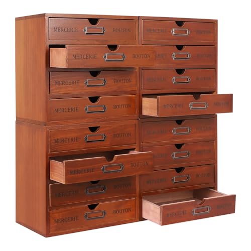 4-Pack Wooden Drawer Organizer 16 Drawers, Retro Desktop Storage Box, Expandable Desk Drawer Organizer with Metal Label Holders for Cosmetics Jewelry Office Supplies Vanity& Makeup