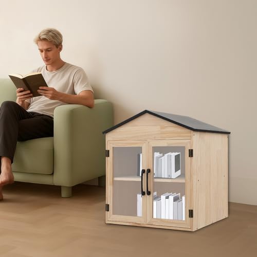 Kllkmmws Library Outdoor Book Box Storage, Waterproof Little Wood Cabinet withSturdy Hinges&Smooth Handle, Small Wooden Cabinet Little Literature Box for Neighborhoods Community School (4-Cell)