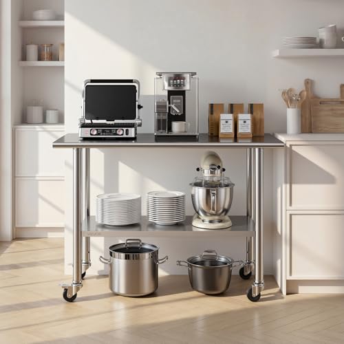 VEVOR Stainless Steel Work Table, 24x48 inch Food Prep Table with Wheels and Backsplash, Commercial Kitchen Workstation with Adjustable Undershelf, Metal Utility Worktable, for Restaurant Home Outdoor