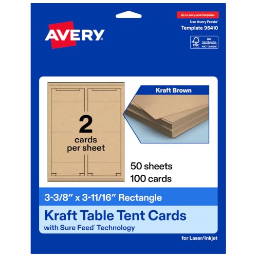 Avery Printable Rectangle Table Tent Cards, 3-3/8" x 3-11/16", Matte Kraft Brown, Sure Feed Technology, Print-To-The-Edge Capability, Laser/Inkjet Compatible, 100 Total