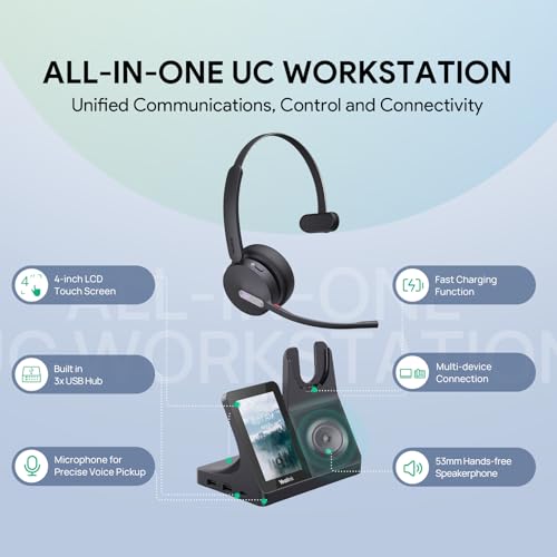 Yealink WH64 Workstation DECT Wireless Headset with 4" Touch Screen,3x Noise Cancelling Mic, 606ft Range,All in One Workstation with Speaker,3x USB Hub Office Headset for Desk Phone,Computer,Cellphone