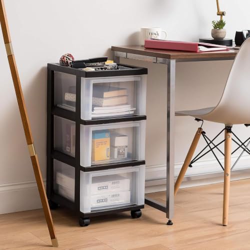 IRIS USA 3-Drawer Rolling Storage Cart, Black/Clear