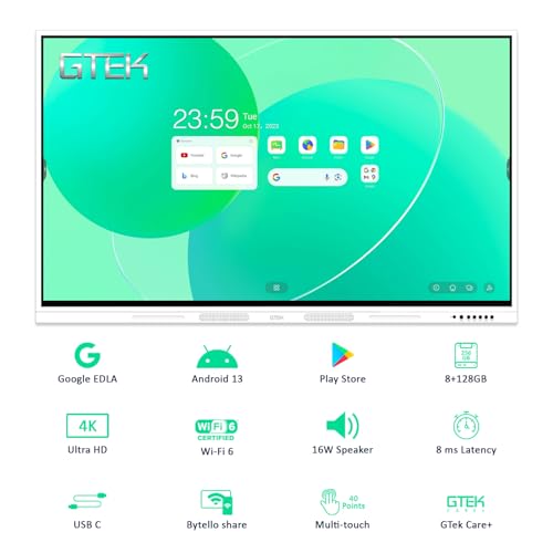 GTek 75" Smart Board, 4K Interactive Whiteboard, Touch Screen Digital Electronic Whiteboard with Android 13 (8+128GB) OS for Classroom, Office, Business and Home