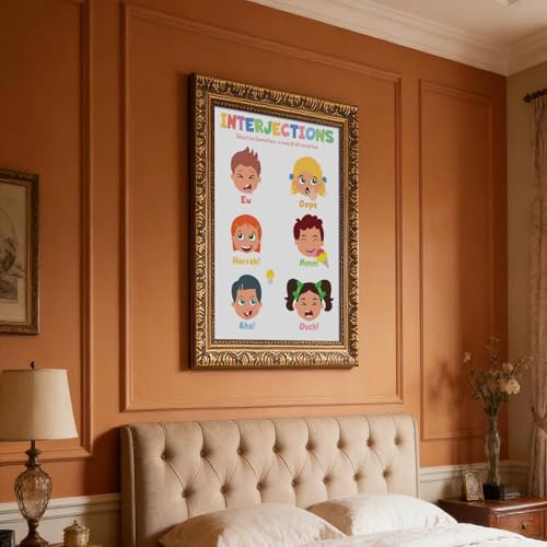 wangpaihui INTERJECTIONS FOR KIDS Parts of Speech English Grammar Chart Language Arts Classroom Educational Poster Canvas for Classroom School Therapy Room Retro Gold Frame24 L X 36" W