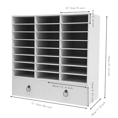 KSSTEVNBD Literature Organizer 24 Compartments Desktop File Sorter Mail Center Paper Storage Organizer with 2 Drawers for Home School Student Mailbox for Classroom (White)/White