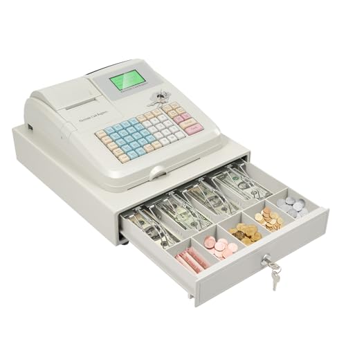 Unnsiapit Cash Register, Electronic Cash Register Cash Drawer Box with Keys, Money Tray Cash Holder Cashier Machine, 4 Bill & 5 Coin Slots, Digital Screen, 48 Keys, L13.2*W15*H7.15in