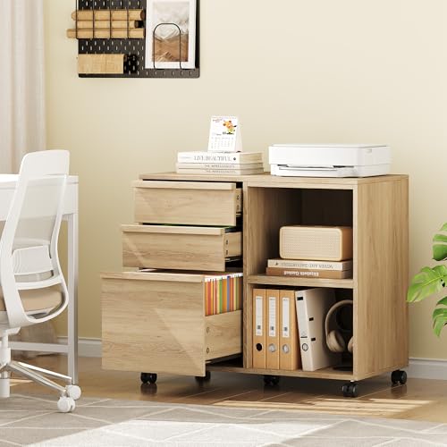 Garvee 3 Drawer File Cabinet with Open Storage Shelves, Rolling Lateral Filing Cabinet for Letter/A4 Files, Mobile Printer Stand with Wheels, Wood Office Storage Cabinet for Home Office, White
