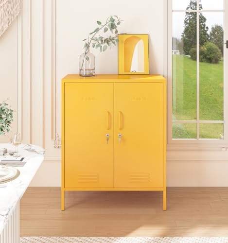 Aiasuit Yellow 2-Door Lockable Metal Storage Cabinet, Heavy Duty 3-Tier Tall Locker with Removable Shelves, Multifunctional Accent Cabinet for Home, Office, Entryway & Hallway, Easy Assembly