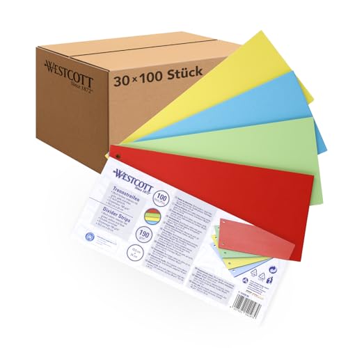 Westcott Divider Strips, Pack of 100, Intensive Colours Mix (Pack of 30), Robust Stapling Strips 190 g/m² for A4 Folders, Dividers 10.5 x 24 cm, 2-Hole Punched Index for DIN A4 Documents, E-733320 00