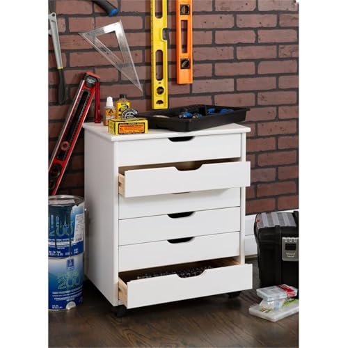 Riverbay Furniture Six Drawer Wood Rolling Cart, 20.75" w x 15.13" d x 25.5" h, White Wash Finish, Wide Drawers, Contoured Handles, Mobile Storage for Office, Kitchen, Bedroom