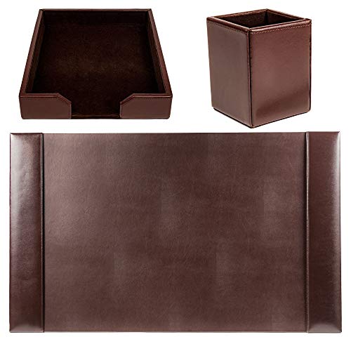 Dacasso Bonded Set Luxury Leather Desk Pad & Desk Organization Essentials, 3 Piece, Dark Brown