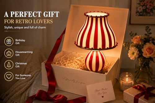 ONEBAO Vintage Circus Table Lamp, Retro Red White Striped Glass Bedside Lamp, Mid Century Modern Decorative Desk Light, Artistic Ambient Lighting for Bedroom Living Room Coffee Bar Home Decor