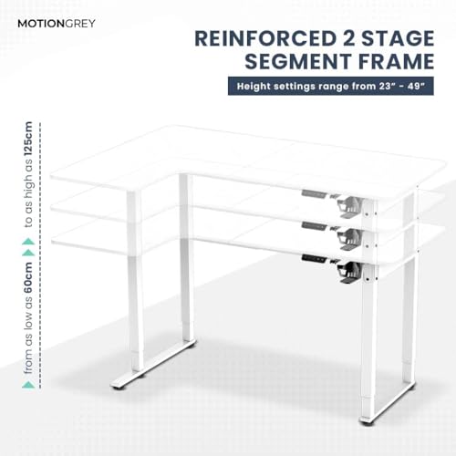 MotionGrey - Electric Motor Height Adjustable Standing Desk, L Shaped Standing Desk, L Shape Corner Desk, Adjustable Computer Sit Stand Desk Stand - L Shape Desk with 63 Inch Table Top (White)